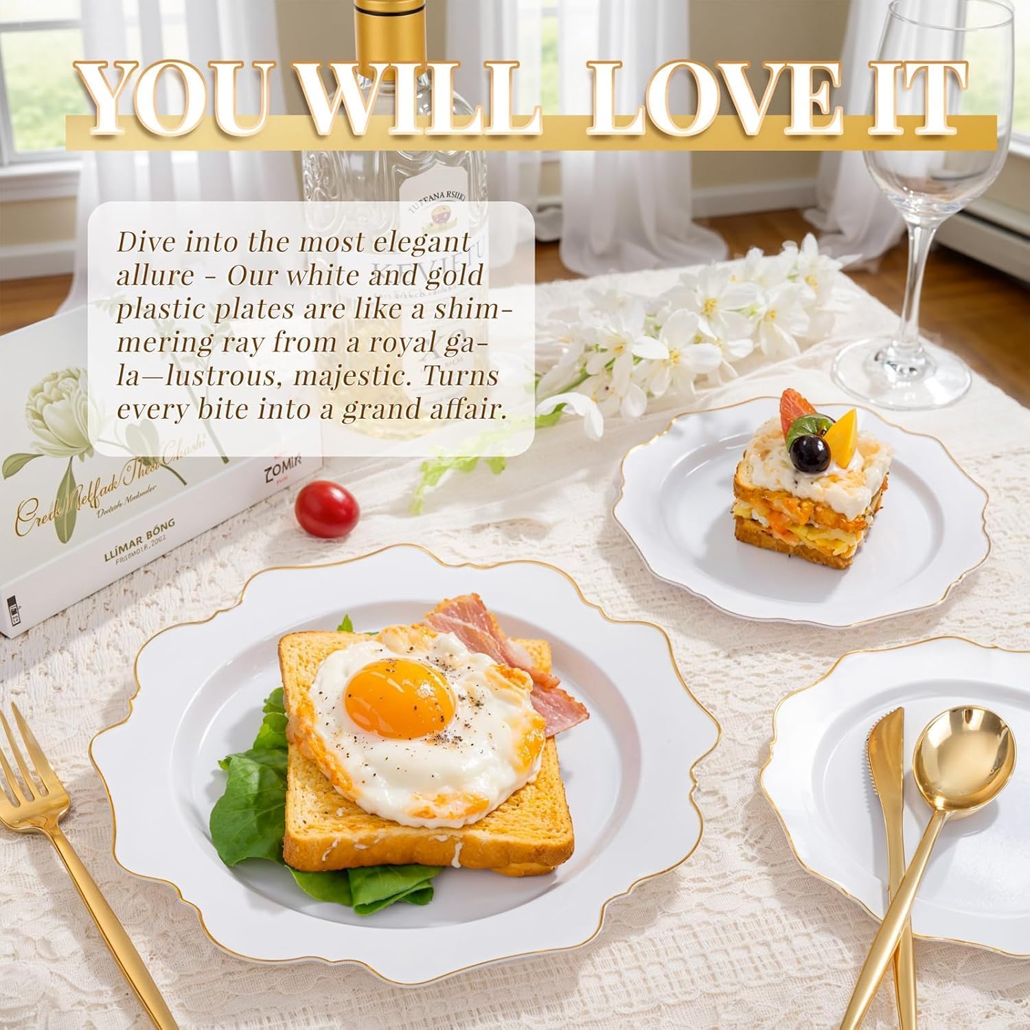 WDF 200PCS White and Gold Plastic Plates - Gold Plastic Plates - Include 100 Dinner & 100 Dessert Disposable Party Plate - Fancy Disposable Plate for Wedding/Bridal shower/Valentine‘s Day - Image 4