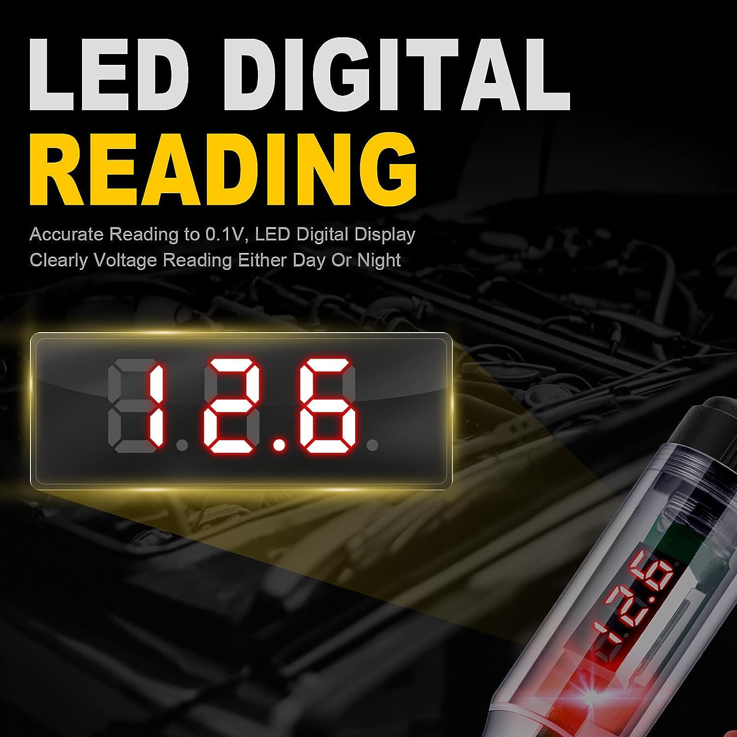 Greluma 1 Pieza Probador de circuito automotriz de 3-48V con voltímetro,luz de prueba de pantalla de retroiluminación LED resistente,probador de voltaje de DC bidireccional