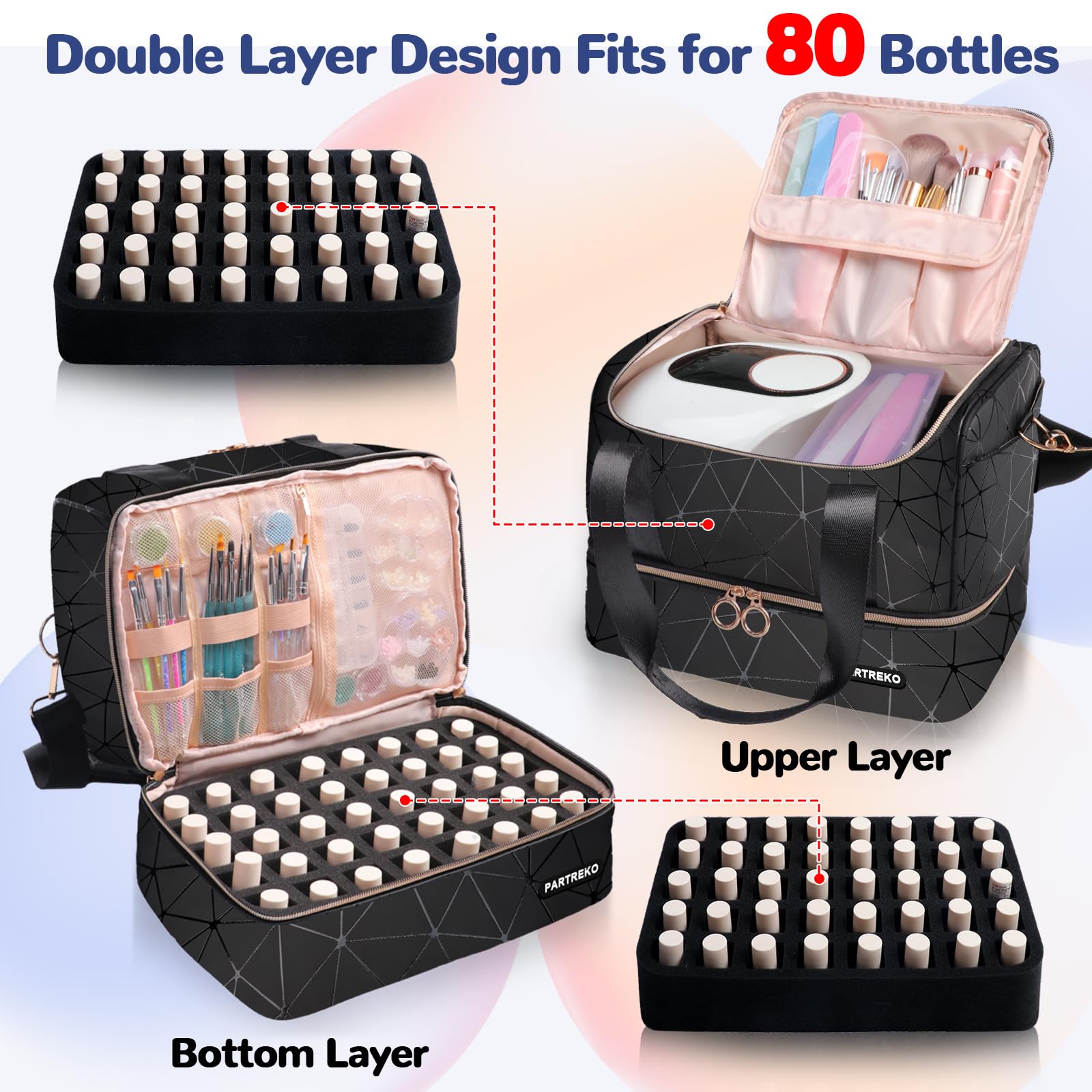 Large Nail Polish Organizer Bag Holds 80 Bottles with Nail Lamp Storage