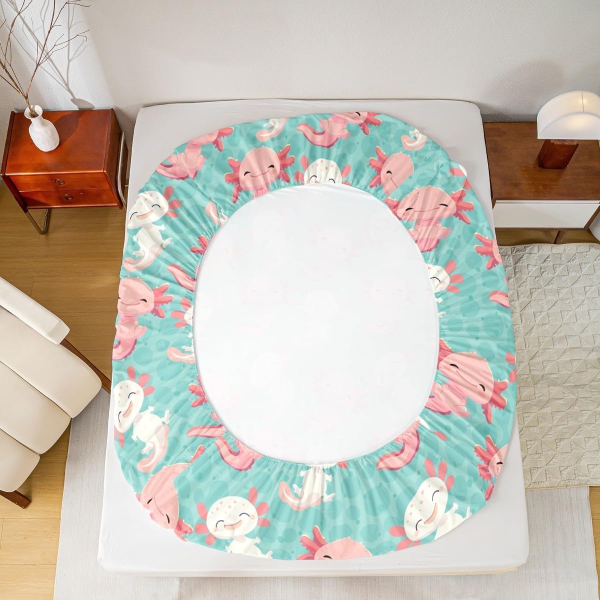 Erosebridal Cute Axolotl Fitted Sheet Full Size Cartoon Axolotl Bed Sheet Kawaii Animal Bedding Sets for Kids Boys Girls Teens Wildlife Pet Animal Fitted Bed Sheets Bedroom Decor, Green