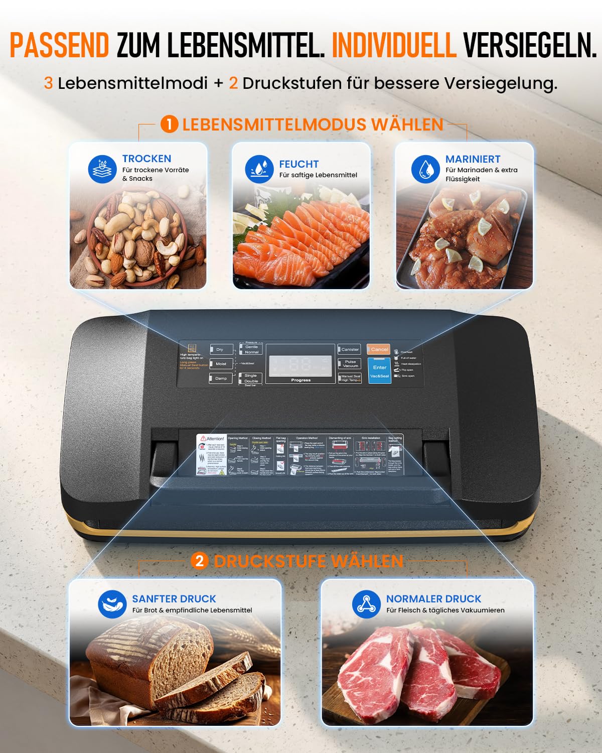 Vakuumiergerät 95 kPa Profi 18-in-1 doppelte Schweißnaht Folienschweißgerät mit Cutter Rollenfach Trocken-Feucht-Modus Sous Vide