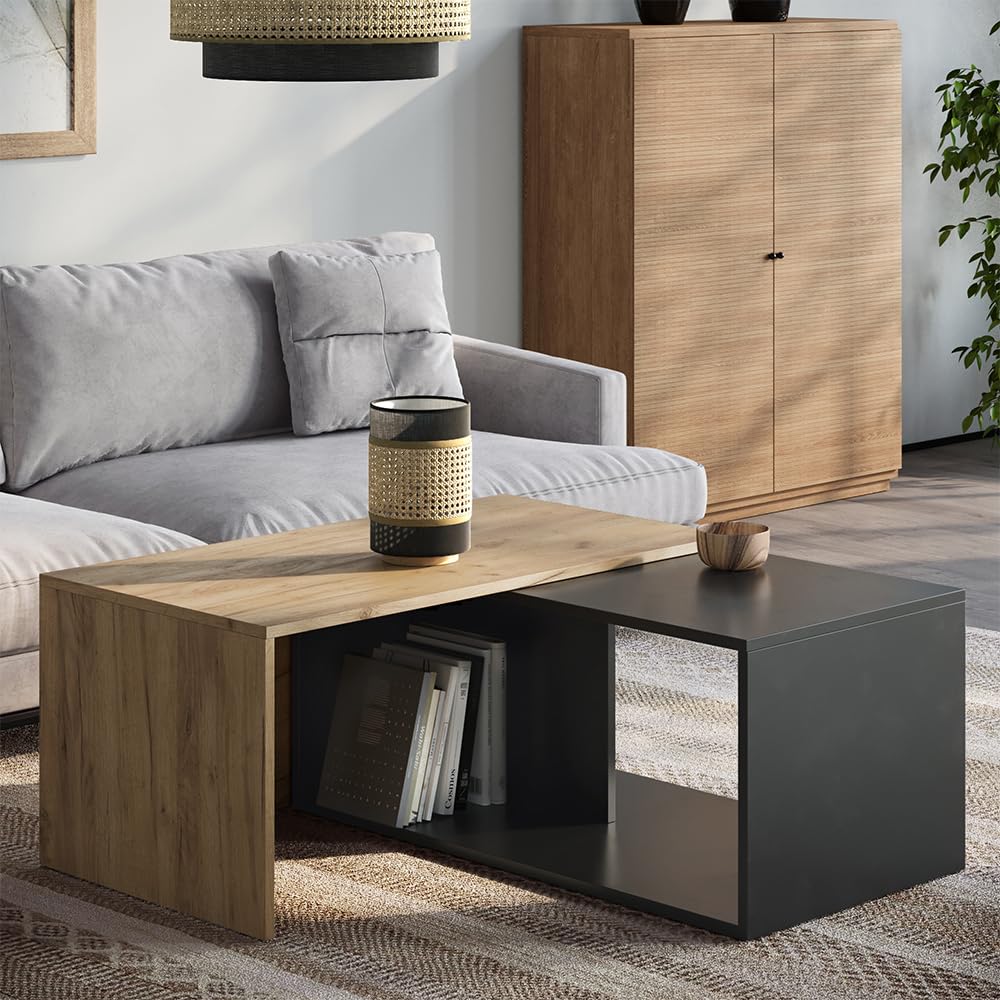 Vicco Mesa de Centro Paul, Antracita/Roble Dorado, 90 x 48 cm | con tablero giratorio y superficie de almacenamiento adicional