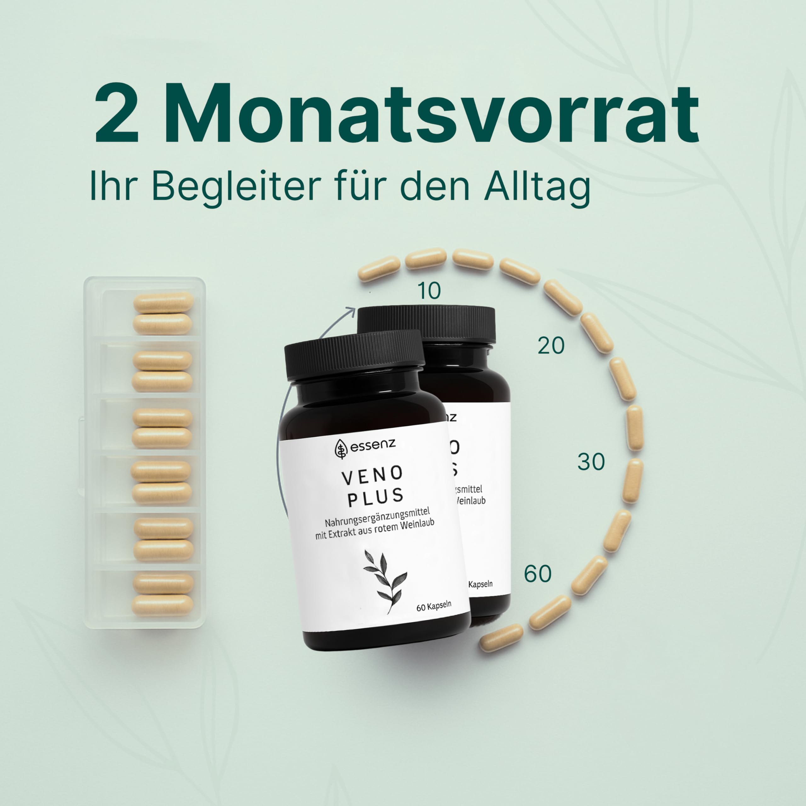 ESSENZ – Veno Plus 2 x 60 Kapseln – Nahrungsergänzungsmittel mit pflanzlichen Extrakten (Rotes Weinlaub, Steinklee, Hamamelis, Tigerkraut, Traubenkern) – vegan & glutenfrei, made in Germany