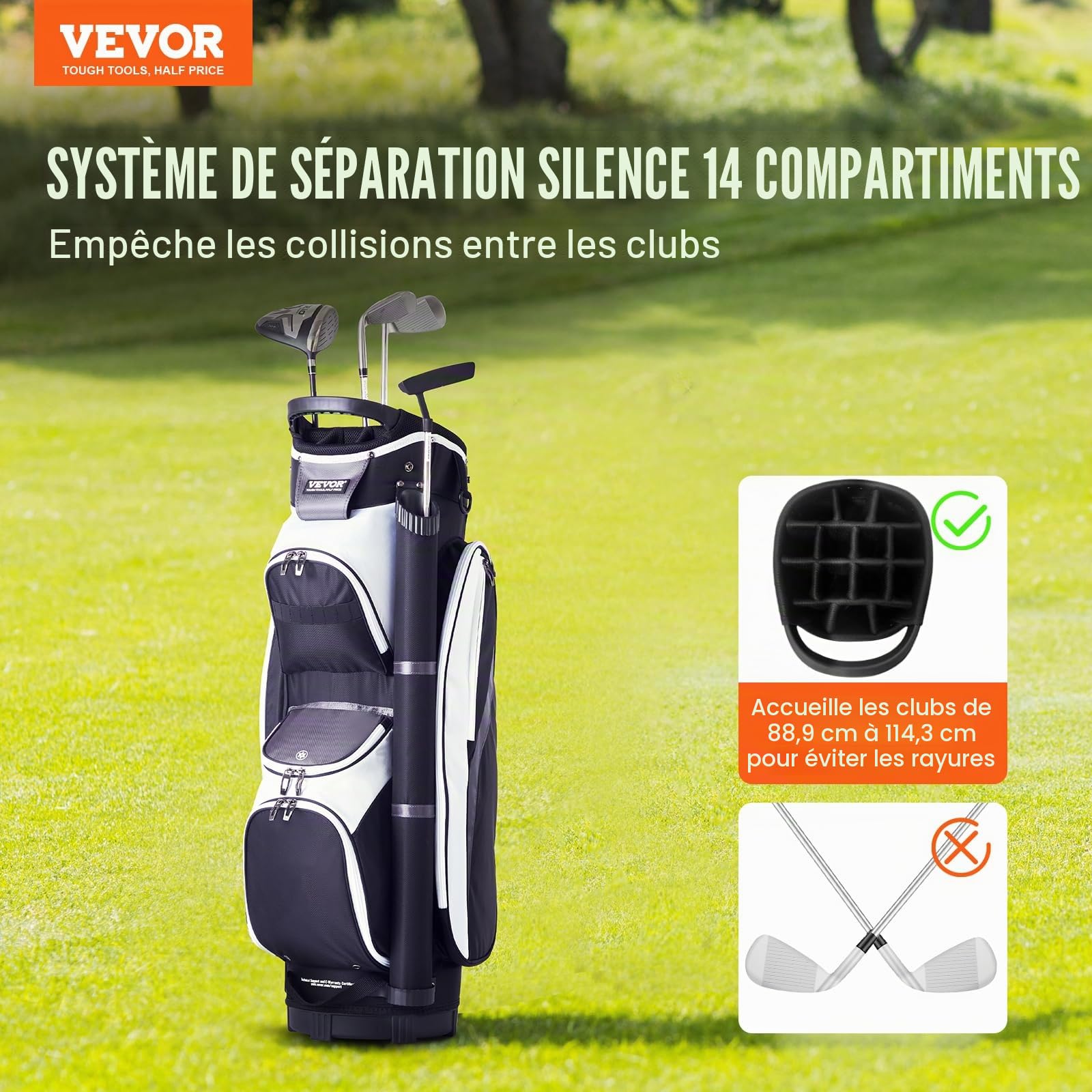 VEVOR Sac de Chariot de Golf avec séparateur sur Le Dessus à 14 Compartiments, Plusieurs Poches de 91,4 cm, Sacs de Golf durables avec poignées, Housse Anti-poussière et Sangles Amovibles pour Homme