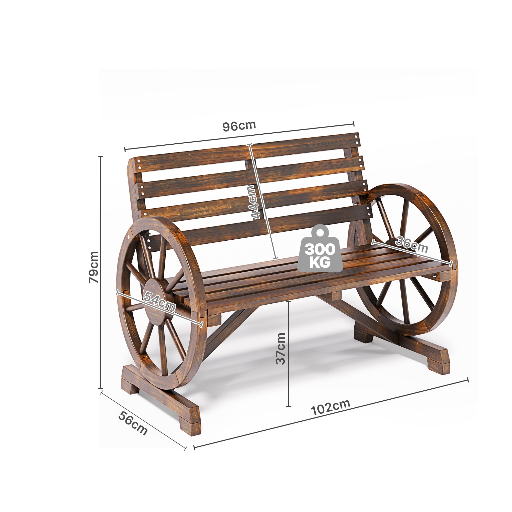 Banco de Exterior 2 Plazas, Madera de Cedro Macizo Resistente a la Intemperie, Reposabrazos en Forma de Rueda, Estilo Campestre, Carga 300 kg, para Patio Jardín Parque, 103x54x78 cm
