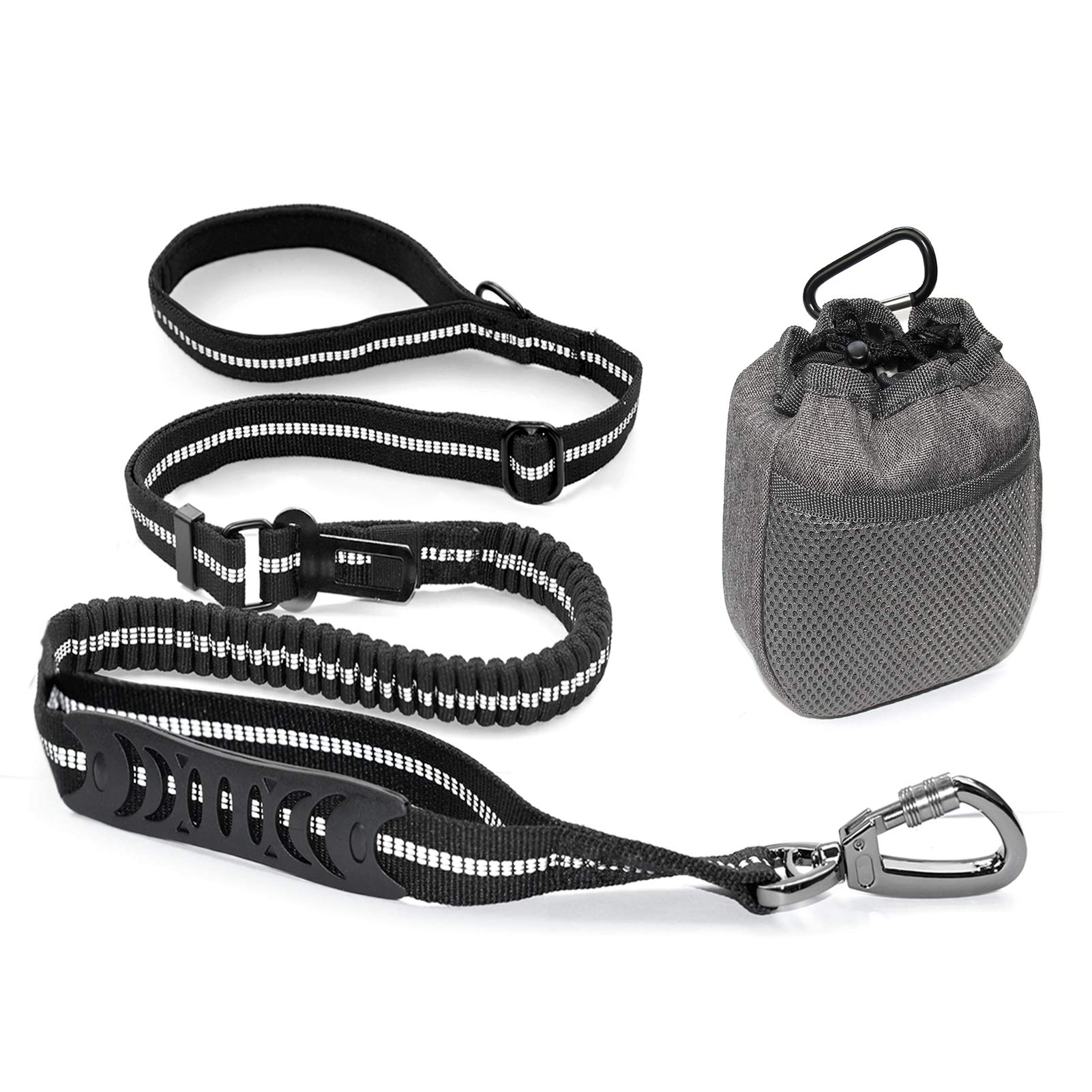 JUNBEI Heavy Duty Dog Leash & Dog Treat Pouch Set, 6 Ft Double Padded Handles Design Reflective Dog Leash with Car Seat Belt Buckle, Shock Absorbing Retractable Bungee Dog Leash for Medium Large Dogs