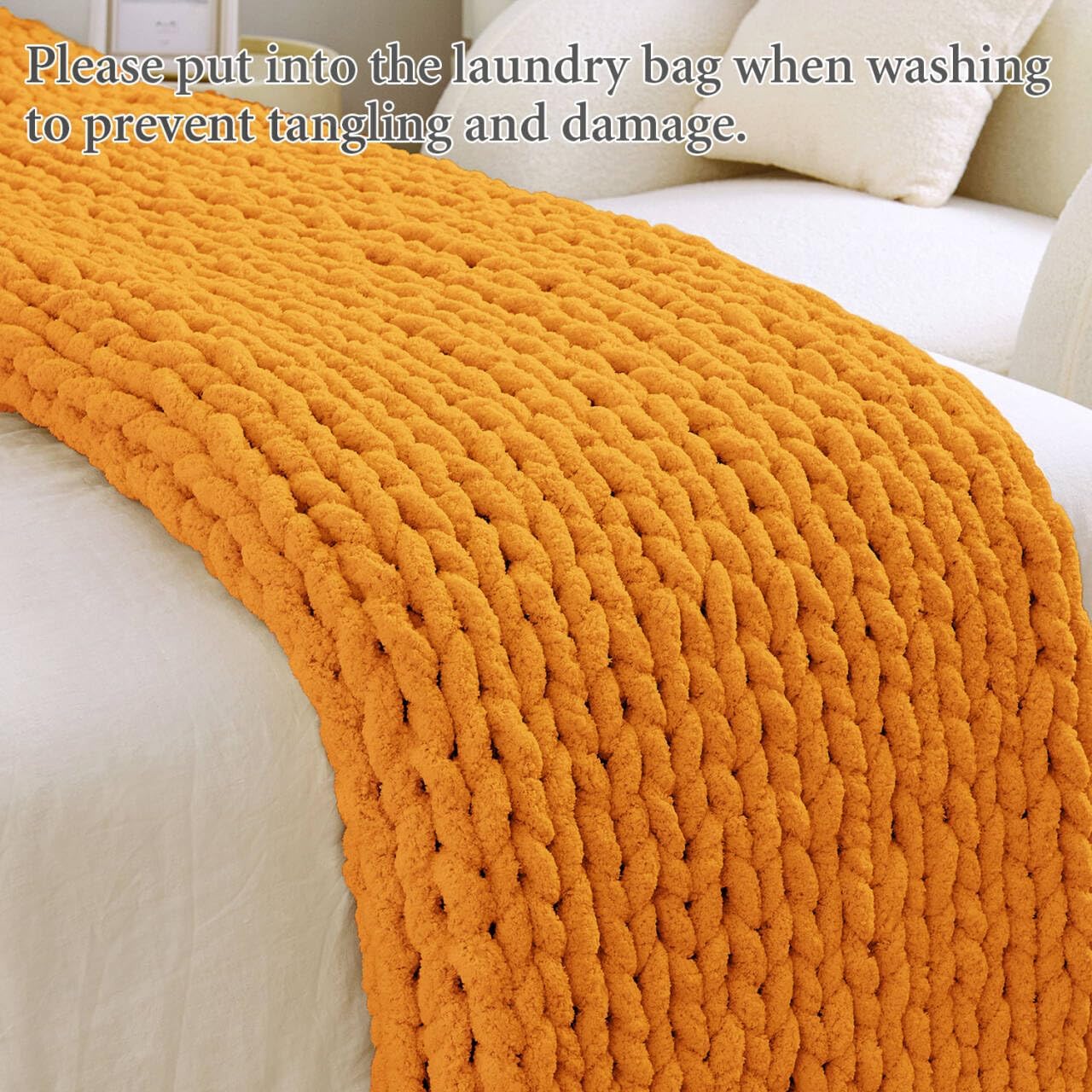 Admitrack Chunky Knit Blanket Throw, 100% Hand Knit Chenille Throw Blanket for Sofa & Home Decor, Soft and Cozy Knitted Throw Blankets (Orange, 51"x63") - Image 4