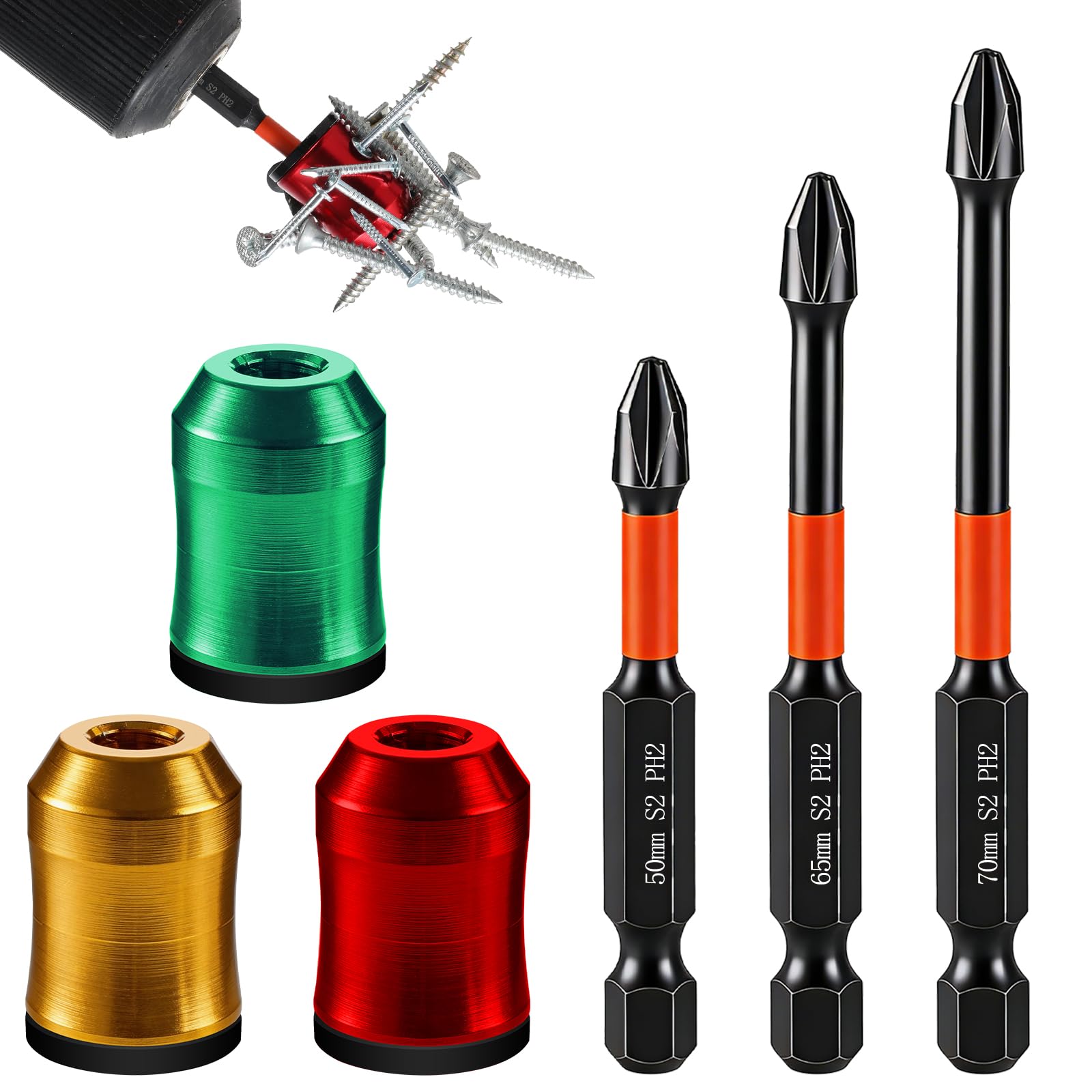 Set di 6 robusti anelli magnetici a vite con set di punte per cacciavite PH2, design antiscivolo, anello magnetico per cacciavite esagonale e punte elettriche, strumento domestico rimovibile per