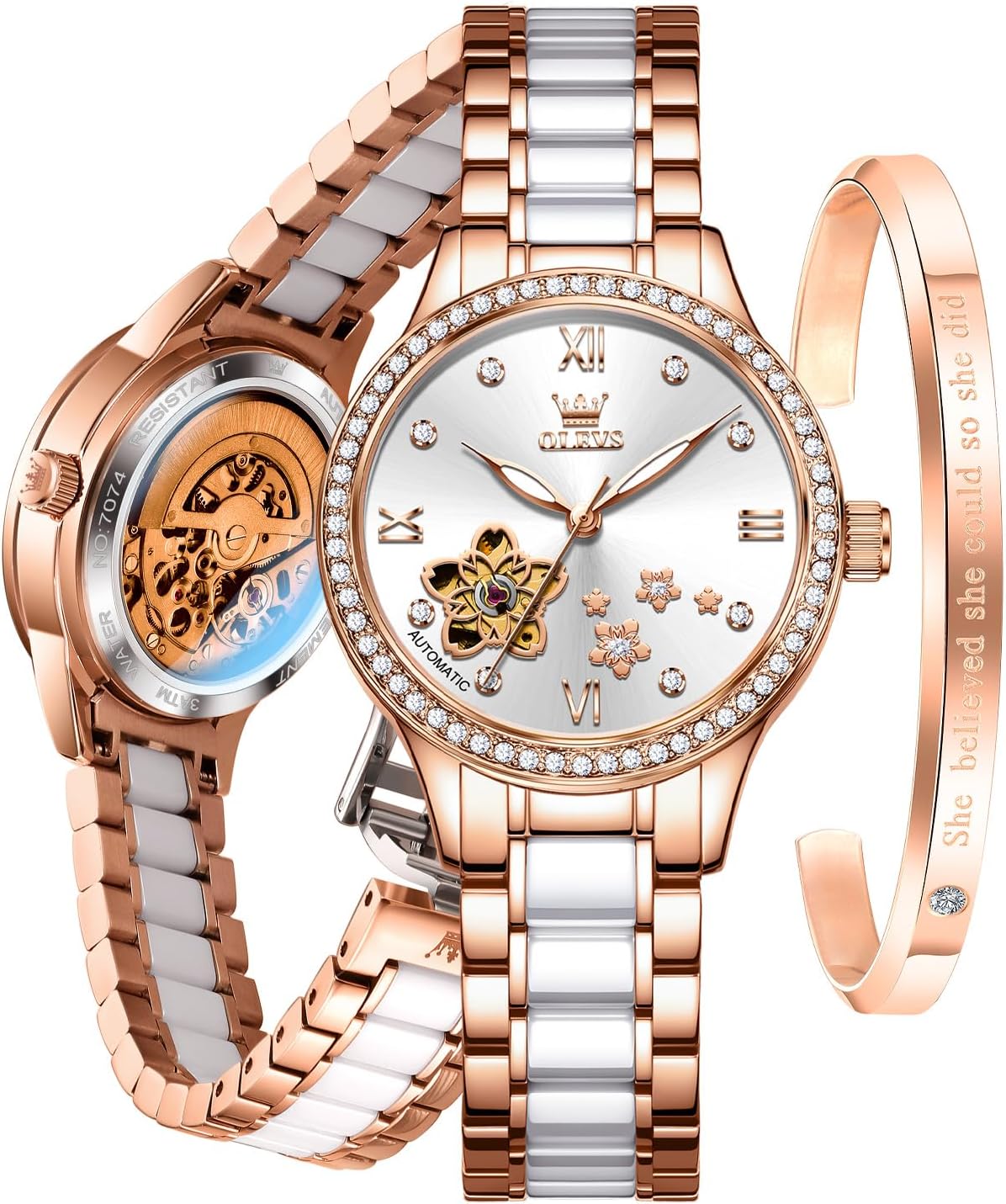 OLEVS Womens Automatic Watches Luxury Diamond Dress Watch for Woman Self Winding Ceramic Strap Waterproof Watch and Bracelet Set for Ladies