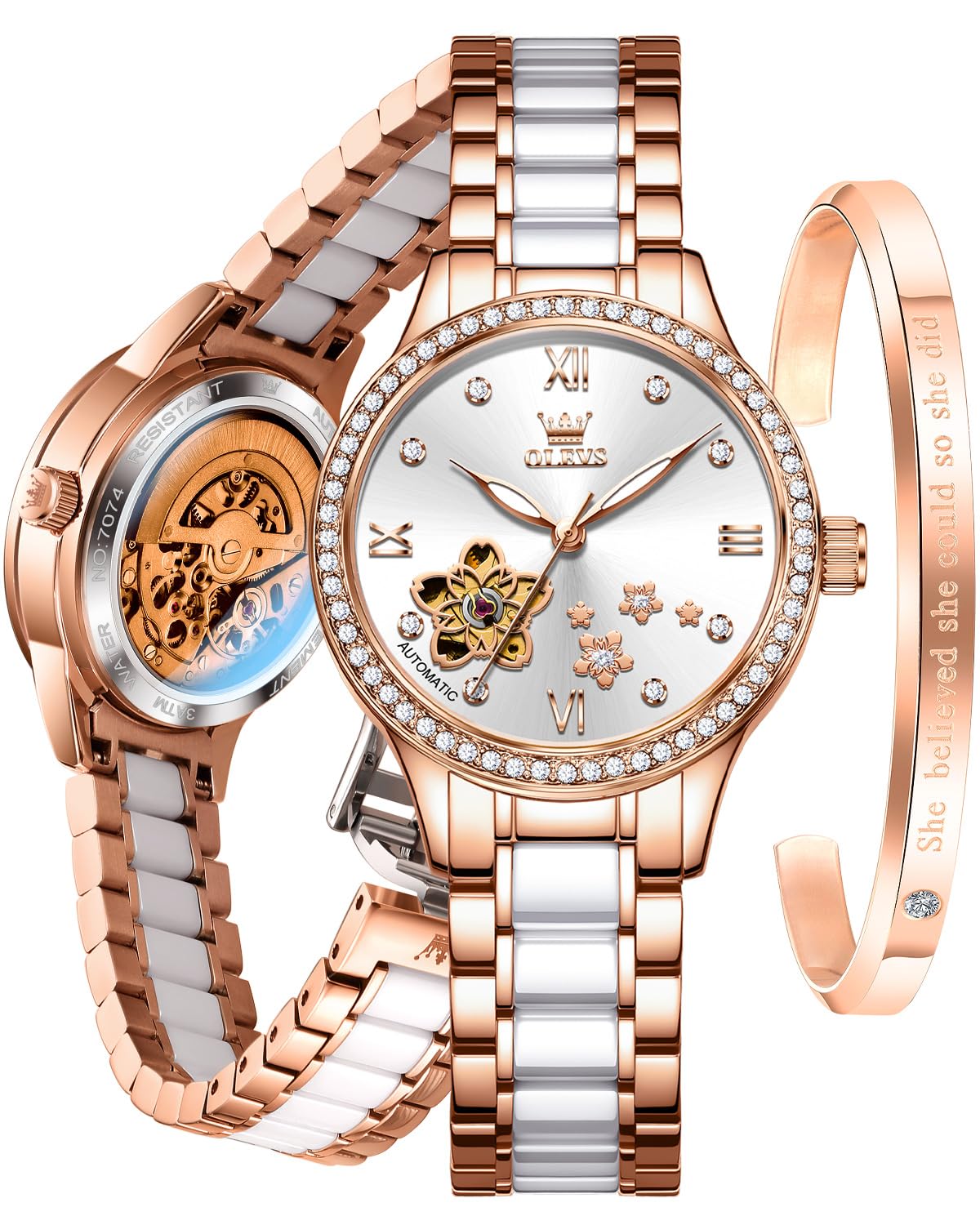 OLEVS Orologio automatico da donna, lussuoso, con diamanti, orologio da donna a carica automatica, cinturino in ceramica, impermeabile, set con bracciale e orologio da donna