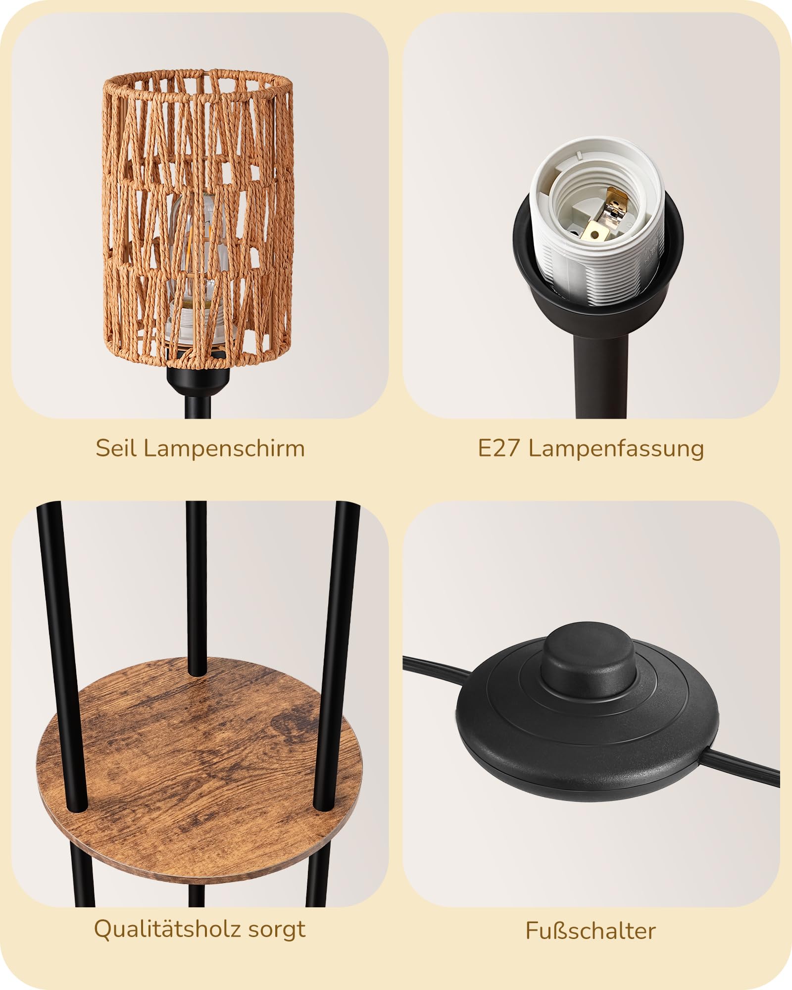 EDISHINE Stehlampe Wohnzimmer 178cm, 3-flammige Vintage Stehleuchte mit Regal & Rattan-Lampenschirm, 3 x E27-Fassung, inkl. Leuchtmittel, Boho Stehlampe mit Fußschalter für Schlafzimmer und Büro