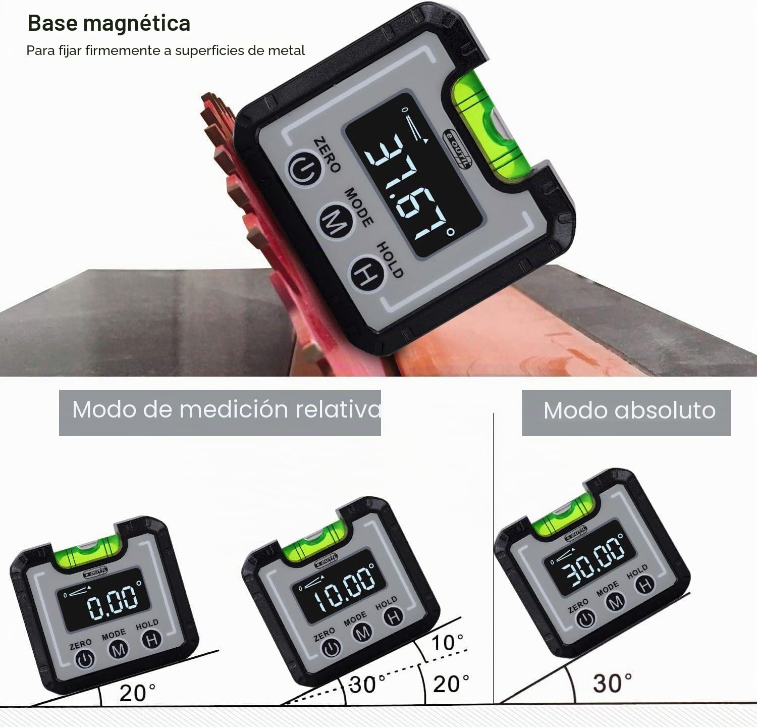Inclinómetro Digital Protractor LCD con Burbujas Horizontales, 4 * 90 ° Nivel Buscador de ángulos de Caja Transportador de Ángulo con Base Magnética y%, mm/m, IN/FT Medidor de Ángulos Digital