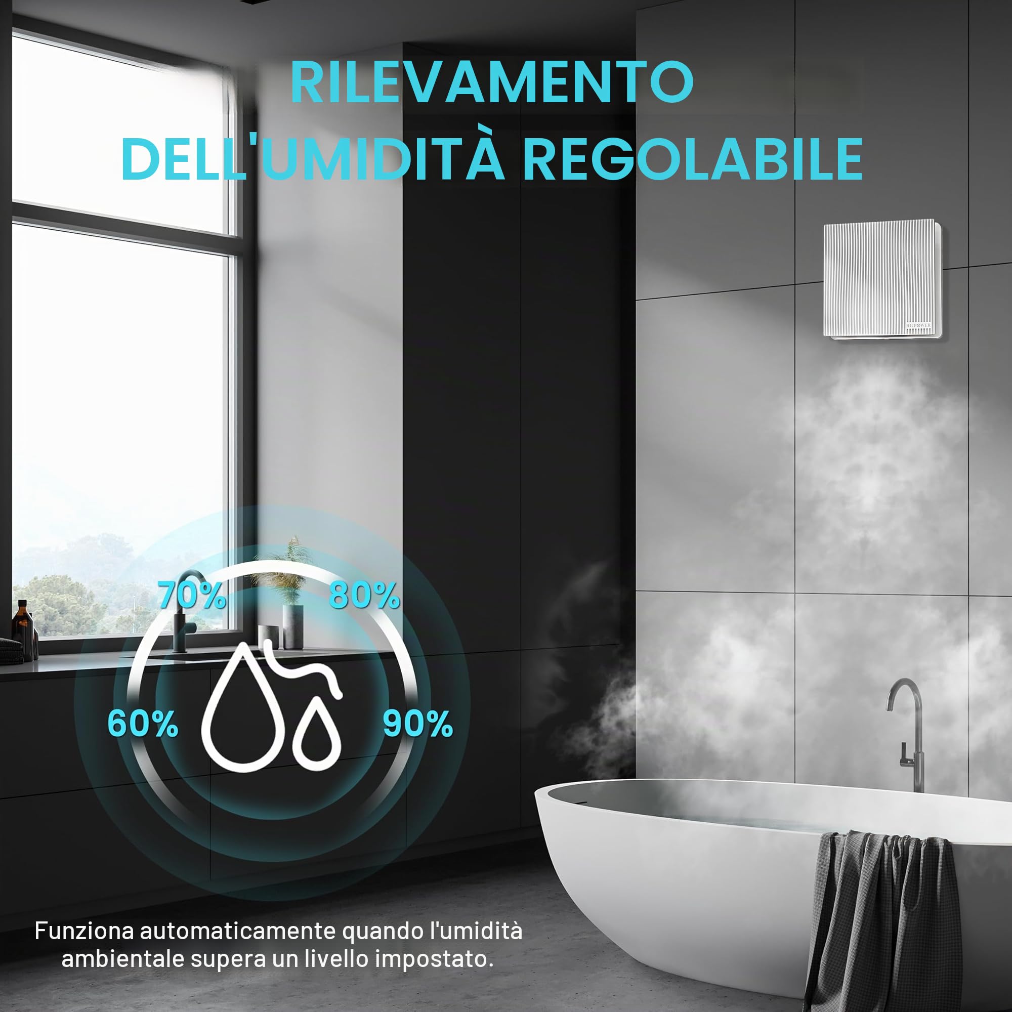 HG Power Ventilatore da bagno, 100 mm, con sensore di umidità, silenzioso, con funzione timer, IP45, per bagno, cucina, WC, garage, cantina