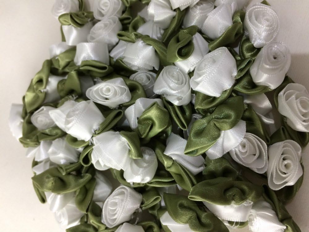 White Large Satin Ribbon Roses Buds Embellishments - 20 per pkt