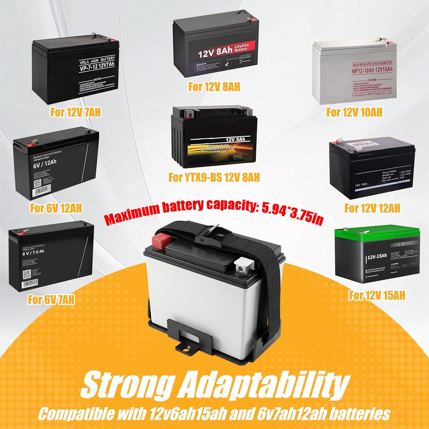 Small Battery Tray Fit 12V-6V / 6AH 7AH 8AH 9AH 12AH 15AH Batteries and More Adjustable Hold Down Strap Battery Mount Compatible with Boat, Kayak, Motorcycle, ATV, Generator, Jetski
