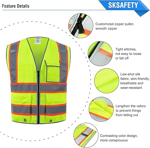 Miniatura 5 de SKSafety - Chaleco de seguridad amarillo reflectante de alta visibilidad Tipo R Clase 2 para hombre y mujer, 10 bolsillos, cumple con ANSIISEA