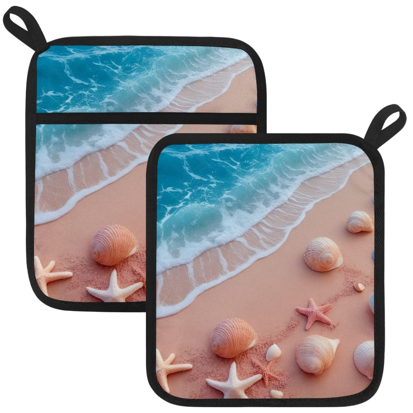 VAPOKF Starfish Shell Heat Resistant Pot Holders, Thick Pot Holders Pad with Hanging Loop for Kitchen, Oven Cloth Pads for Kitchen Baking Microwave Oven