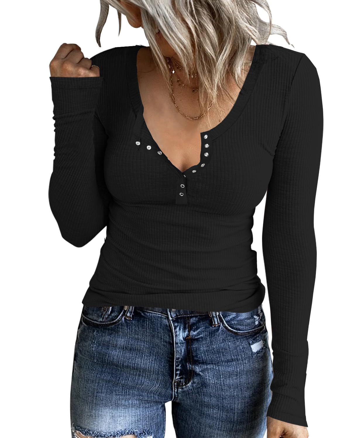 APOFER Women's Long Sleeve Tunic Shirts Snap Button Slim Fit Tops Scoop Neck Ribbed Knit Henley shirts