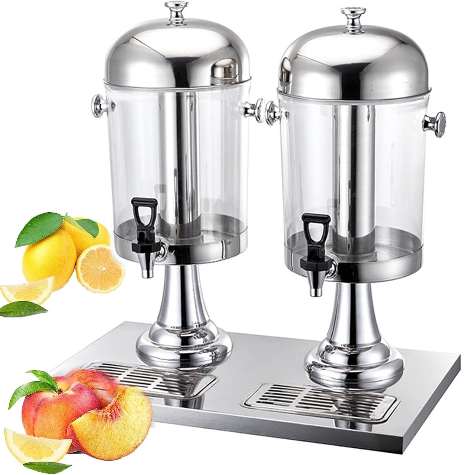HCZKIUJY Beverage Dispenser with Stainless Steel Faucet, 6.3 Gallon Glass Drink Dispenser for Parties, Events, Self-Service (Silver DoubleBarrels/16L)