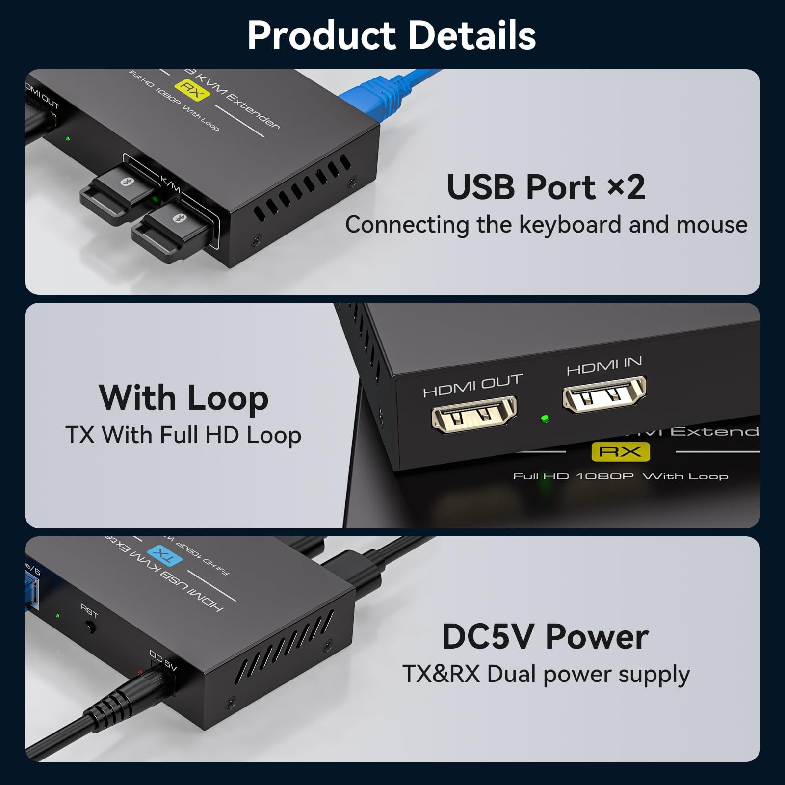 VEDINDUST HDMI KVM USB Extender 400FT 120M Extender RJ45 sur Single Cat5e 6 7 Full HD 1080P60HZ Support Sortie Cyclique EDID pour La Souris et Le Clavier De Commande à Distance