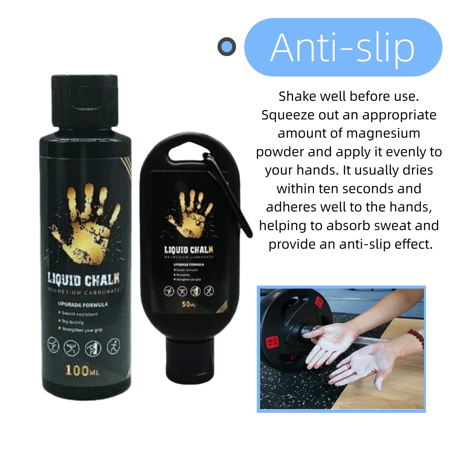 2 Piezas Magnesio Líquido, Liquid Chalk,Tiza Líquida,Apto para Gimnasio, Halterofilia, Pole Dance, Escalada, Gimnasia y Otros Deportes,Mejorar la Fuerza de Agarre,100ml + 50ml