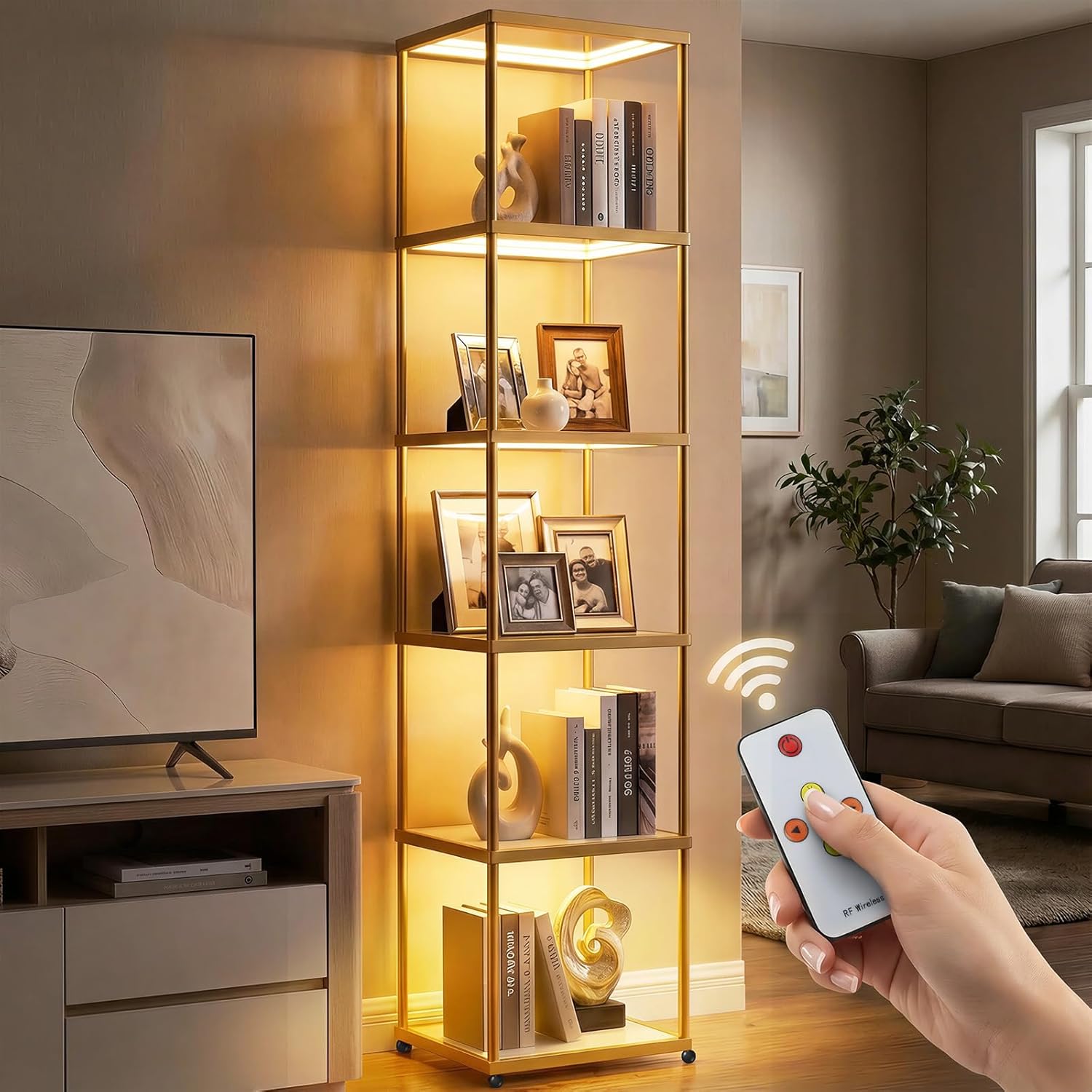 6-Tier 72” Display Shelf with Dimmable LED Floor Lamp, Gold Glass Bookshelf Display Cabinet, Open Bookcase with Light for Living Room, Bedroom and Office Decor