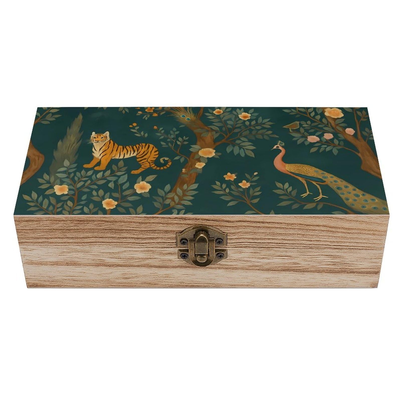 HLBSDM Tiger And Peacock on Blossom Tree Retro Wooden Storage Box Jewelry Art Gift Boxs Decorative Keepsake Boxes
