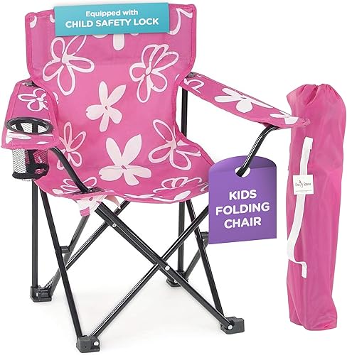 Emily Rose Kids Pink Folding Beach Camp Chair with Cup Holder Safety Lock & Carry Case - Toddler Girls Chair Ages 2-7 Indoor Outdoor Lightweight
