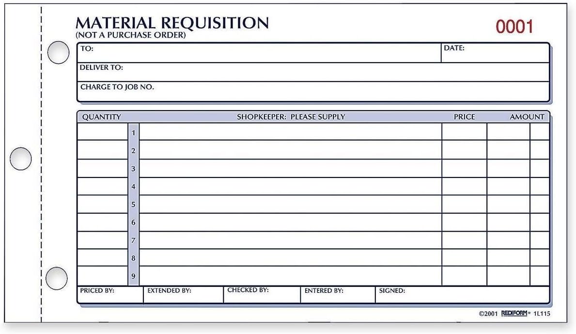 Material Requisition Book, Carbonless, 2 Part, 4.25 x 8.5 Inches, 50 Forms (1L114)