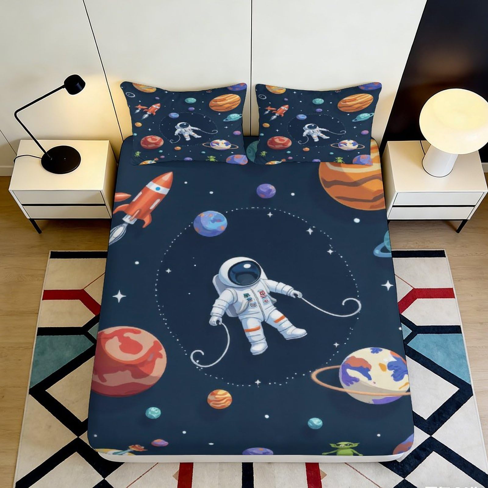 3D Printed Astronaut Space Adventure Fitted Sheet Microfiber Soft Planet Rocket Mattress Cover Bedroom Decor 200x200x25cm