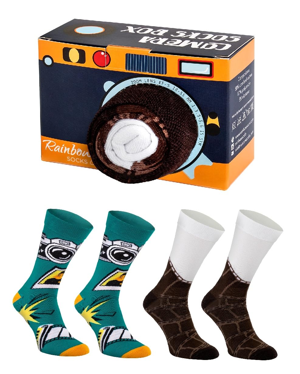 Rainbow Socks - Women Men Novelty Camera Socks 2 Pairs - Size 7,5-11