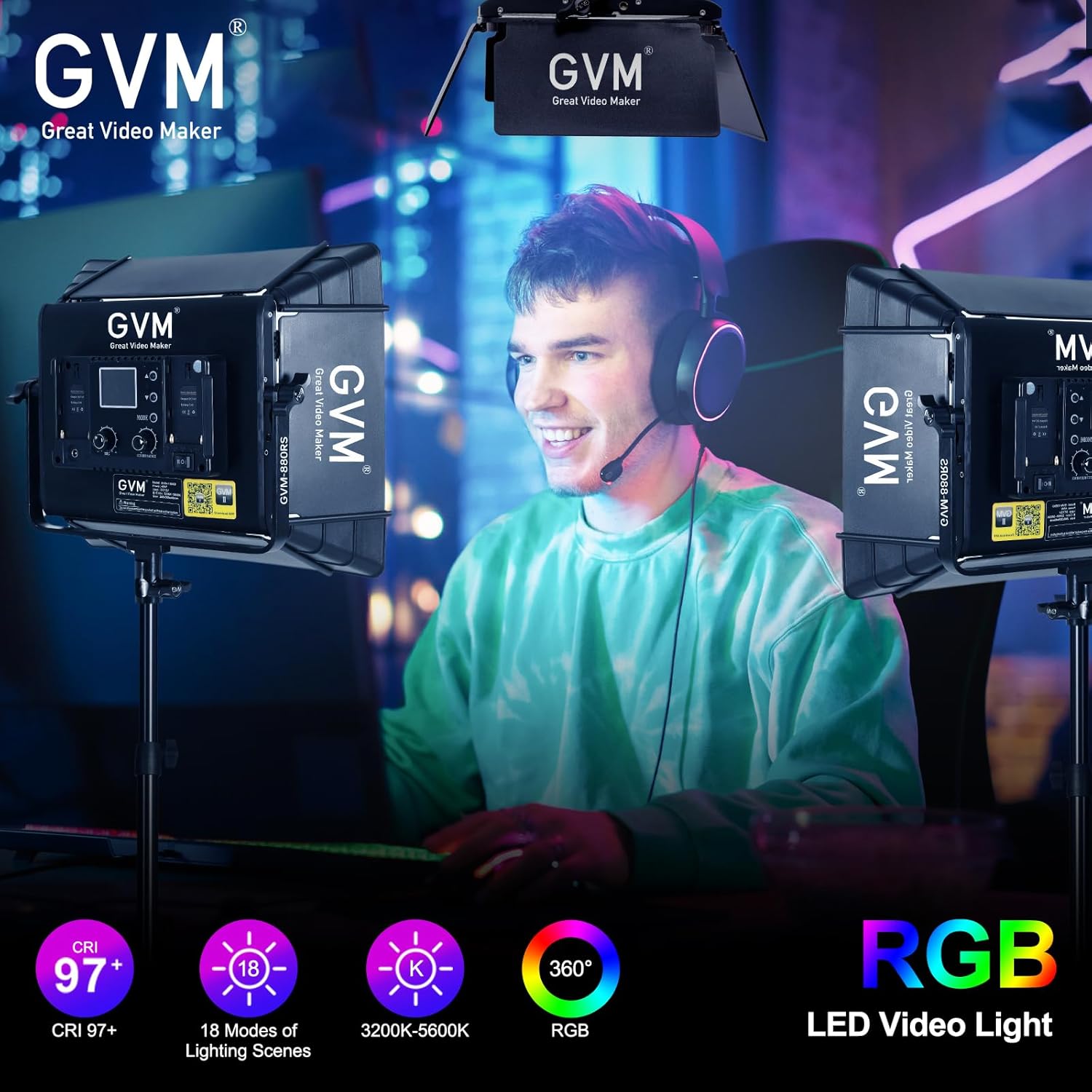GVM RGB Photography Lighting Kits with 3 Softboxes, 880RS 60W Studio Lights with Bluetooth Control, 3 Packs Video Light with 18 Lighting Scenes, led Panel Lights for Video Recording, 8330lux/0.5M