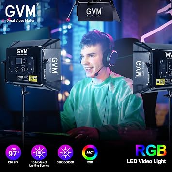 GVM RGB Photography Lighting Kits with 3 Softboxes, 880RS 60W Studio Lights with Bluetooth Control, 3 Packs Video Light with 18 Lighting Scenes, led Panel Lights for Video Recording, 8330lux/0.5M
