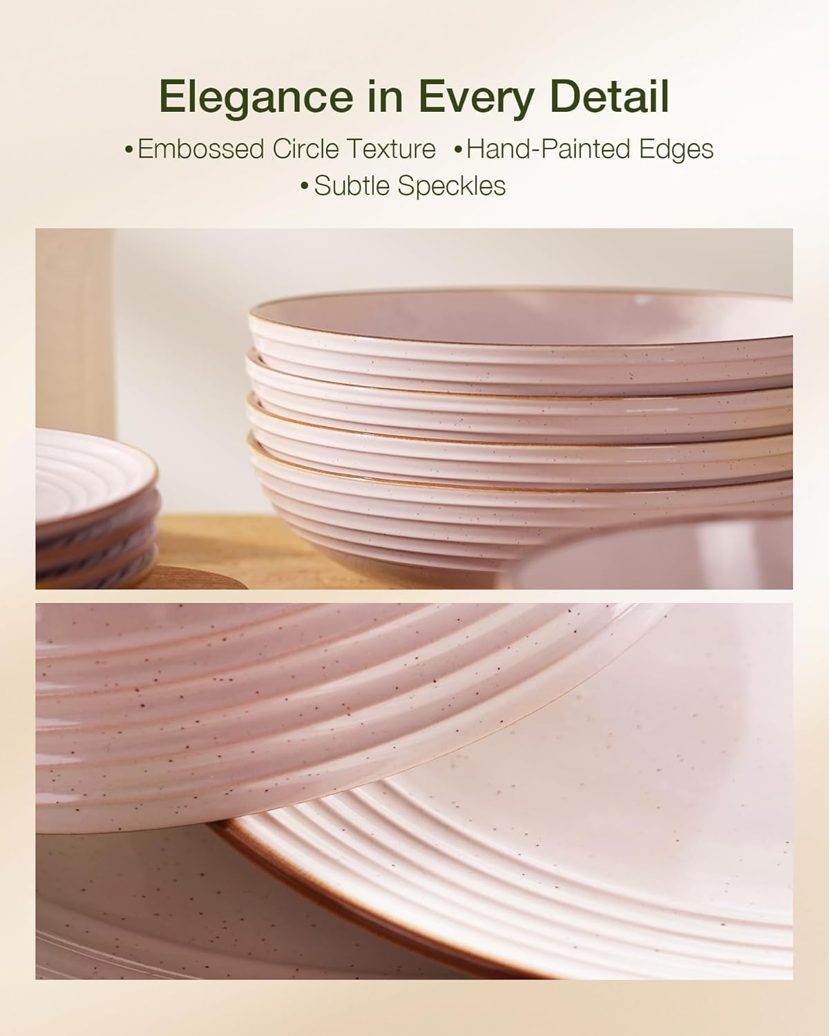 Famiware Jupiter 12-Piece Stoneware Dinnerware Set, Handcrafted Plates and Bowls with Speckles & Embossed Swirls, Chip/Scratch Resistant, Microwave/Dishwasher Safe, Modern Dishes, Service for 4, Pink