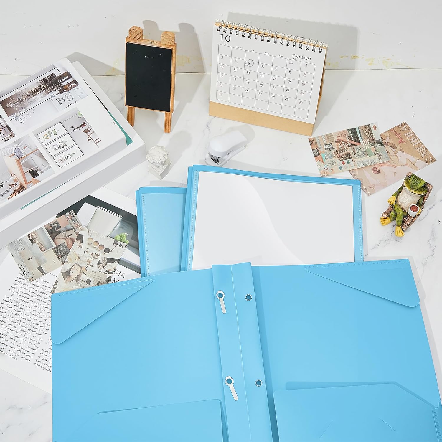 Henoyso 36 Pcs Plastic Folder with Clear Front Pocket and 3 Prong Plastic Folders with Card Slot Pocket Folders with Prongs for School Office (Light Blue)