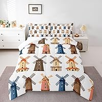 Vista 8 de Erosebridal Juego de edredón de molino de viento de madera, ropa de cama de molino de piedra, construcción de Holanda, estructura rural europea