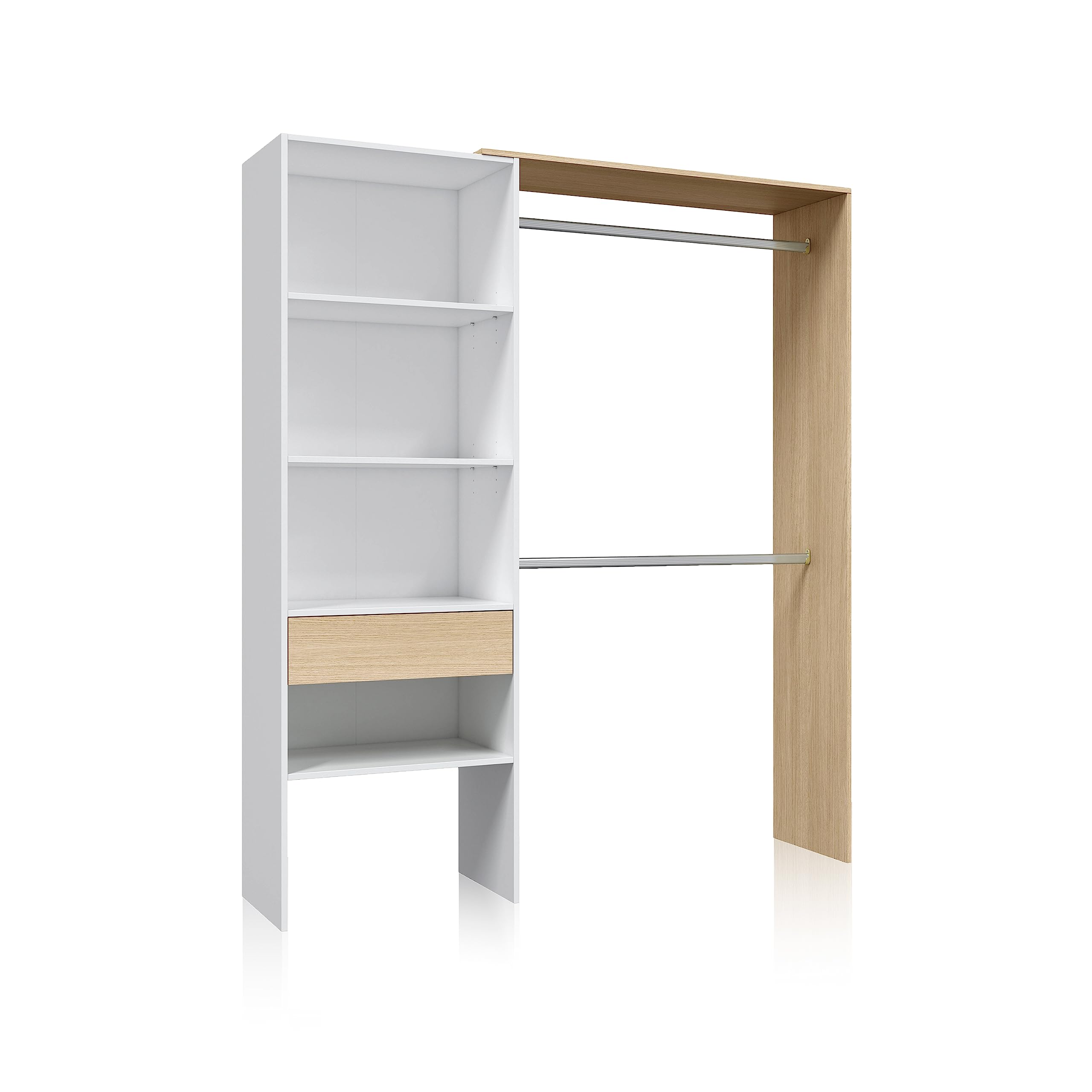 duehome | Armario Vestidor, Armario 2 Barras, 4 Baldas y 1 Cajón, Vestidor Reversible, Modelo Aura, Acabado en Blanco Artik y Roble, Medidas: 158 cm (Ancho) x 187 cm (Alto) x 40 cm (Fondo)