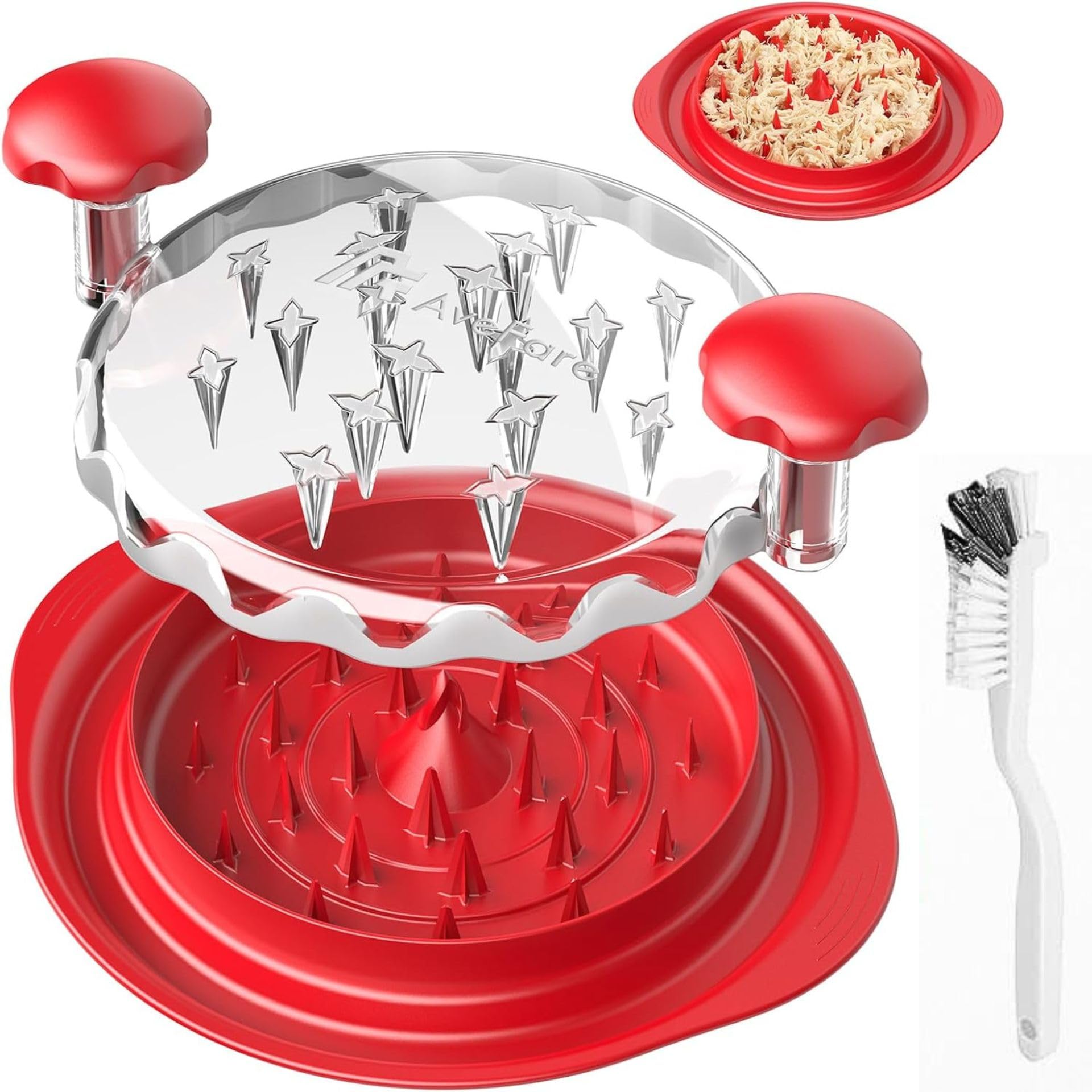 Chicken Shredder, Heavy Duty Highly Durable Chicken Shredder Tool Twist, Ergonomic Handle, Chicken Breast Shredder with Brush&Fork, BPA Free, Dishwasher-safe, Transparent Lid(Red)