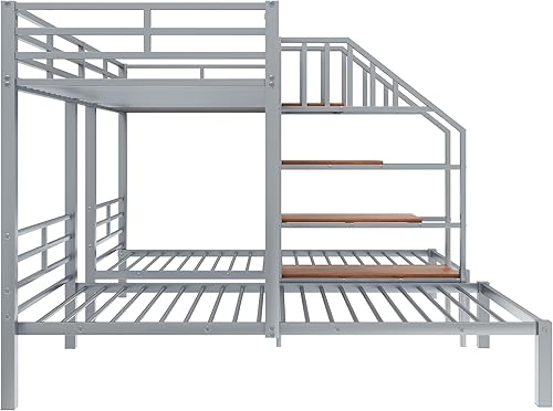 Miniatura 58 de Litera triple de madera maciza con cajones de almacenamiento y escalera, base de litera resistente con barandillas de protección para niños y