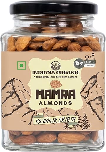 Indiana Organic Authentic Kashmiri Mamra Almonds 200g Badaam Giri | Glass Jar | Pure, Raw &amp; Single Origin Badam from Kashm...