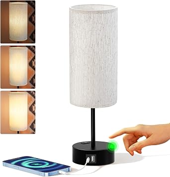 KPQ Bedside Lamp Touch Control Table Lamp with USB A+C Charging Ports & AC Outlet 3-Way Dimmable Nightstand Lamp with Linen Fabric Shade Beige Shade-Black Base, 14" Small Size Touch Control