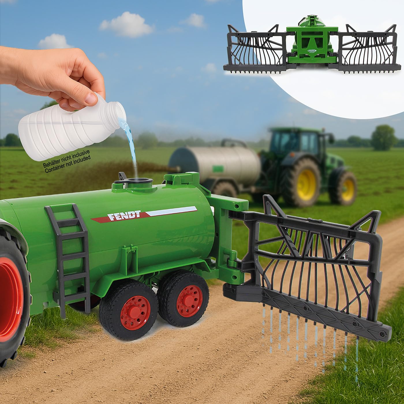 JAMARA 405235 – Fendt wózek beczkowy z rozdzielaczem węża – zbiornik 450 ml, funkcja natrysku wł./wył., hak holowniczy z przodu, ręcznie rozkładany rozdzielacz węża, zielony