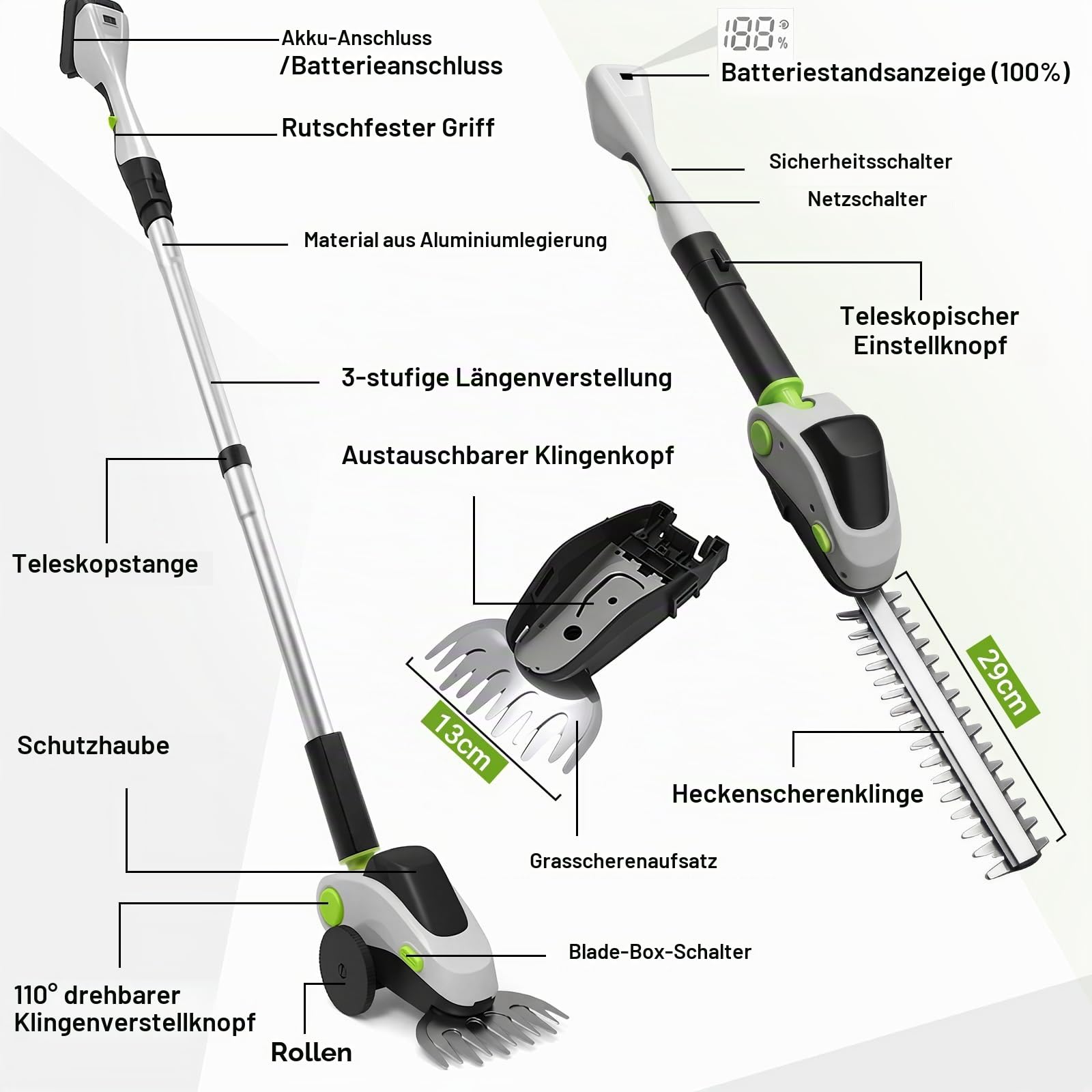 Akku Heckenschere mit Teleskopstiel und Rollen, 4-in-1 Elektro-Teleskop-Astschere & Grasschere mit Leistungsdisplay und 2x21V Akkus, Aluminiumlegierung, Max 1,73m, 110° Verstellbarer Kopf