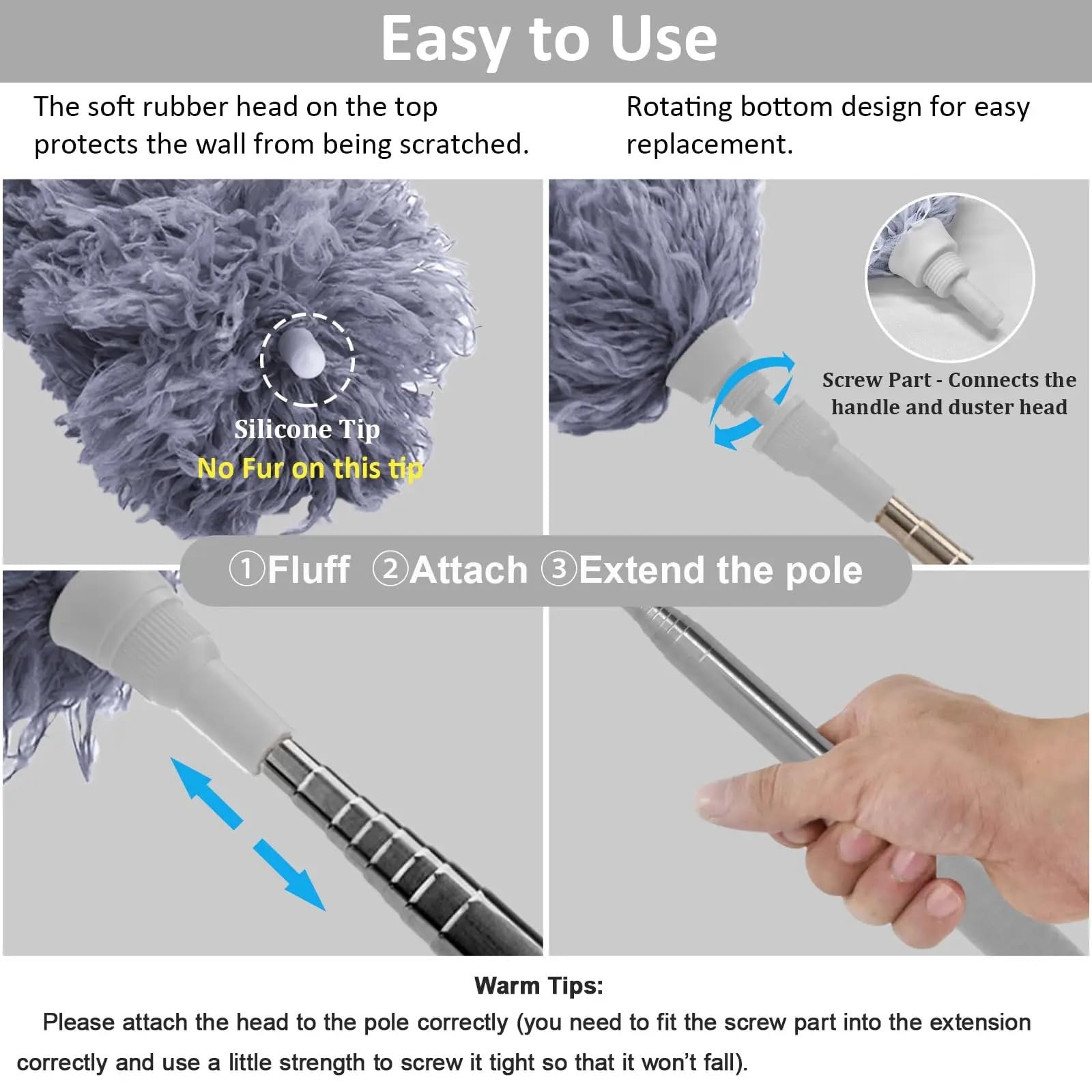 Plumero Atrapapolvo Cepillo de Microfibra Reutilizable extralargo con Varilla Extensible for Limpieza Dormitorio y Sala Estar(1pc 280cm-Splicing)