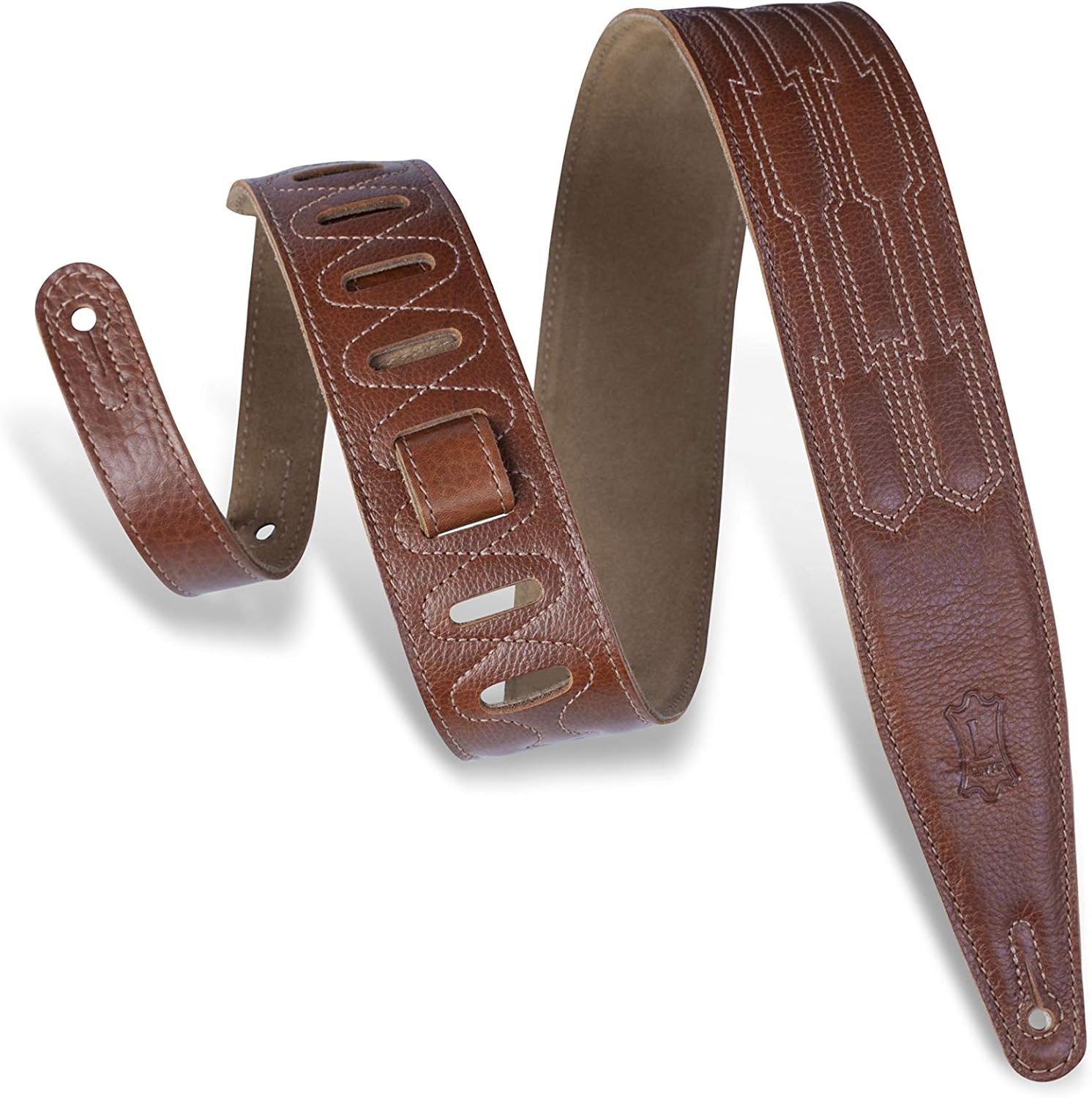 Levy's Leathers MG317MTN-BTA 2 1/2" Padded Garment Leather Guitar Strap with Rugged Modern Stitch Design and Suede Backing. Adjustable from 41" to 55"