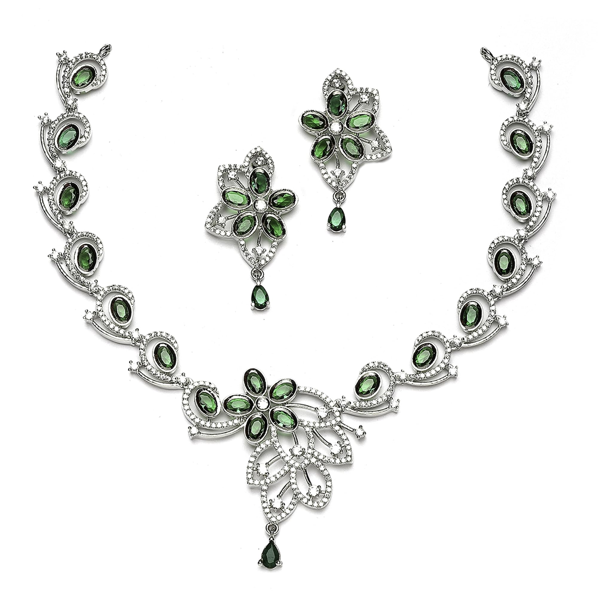 ZENEME Rhodium-Plated American Diamond Studded Floral & Paisley Shaped Necklace With Earrings Jewellery Set For Girls and Women (Green) (B0CGQ3DZ52) Amazon Price History, Amazon Price Tracker