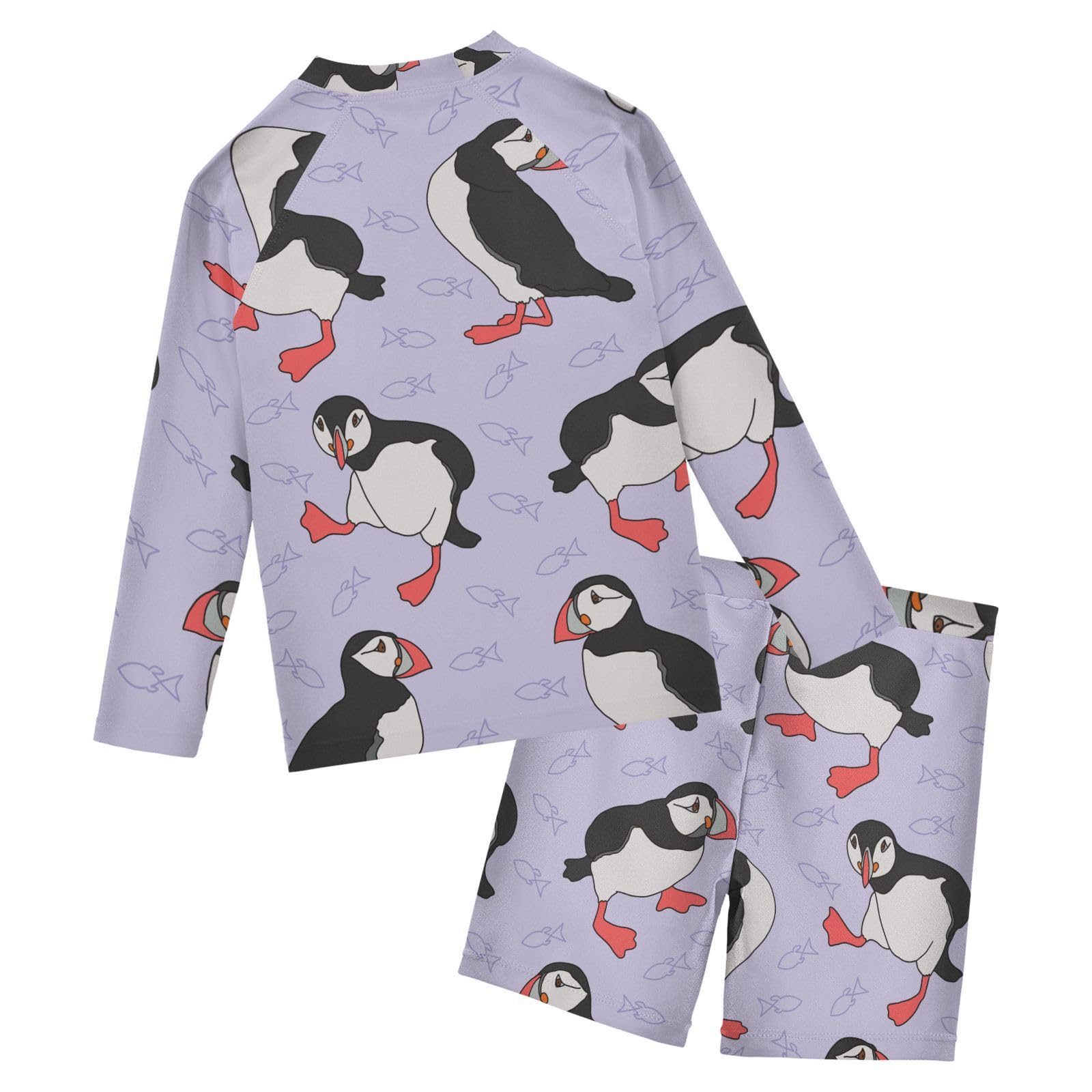 Aflyko Kids' Bathing Suit Set Puffin Bird Fish Long Sleeve Swim Tops with Shorts Summer Vacation Pool Party Rashguard Fun Cute Infant Beachwear, 4T Multicoloured