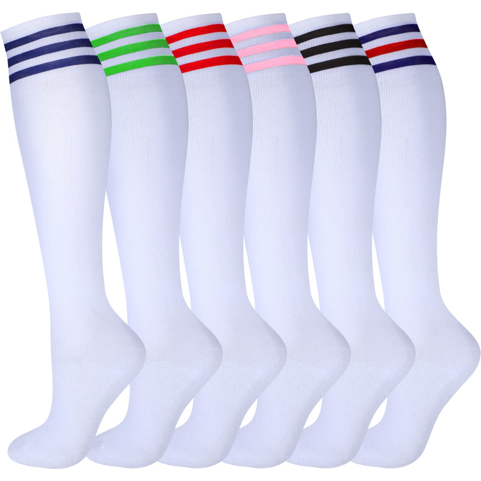 6 Pair Knee High Socks, Thigh High Triple Stripe Long Tube Roller Skate Skating Socks Leg Warmer Stocking for Daily Wear, Cosplay, Sports Meet, Holiday Gifts