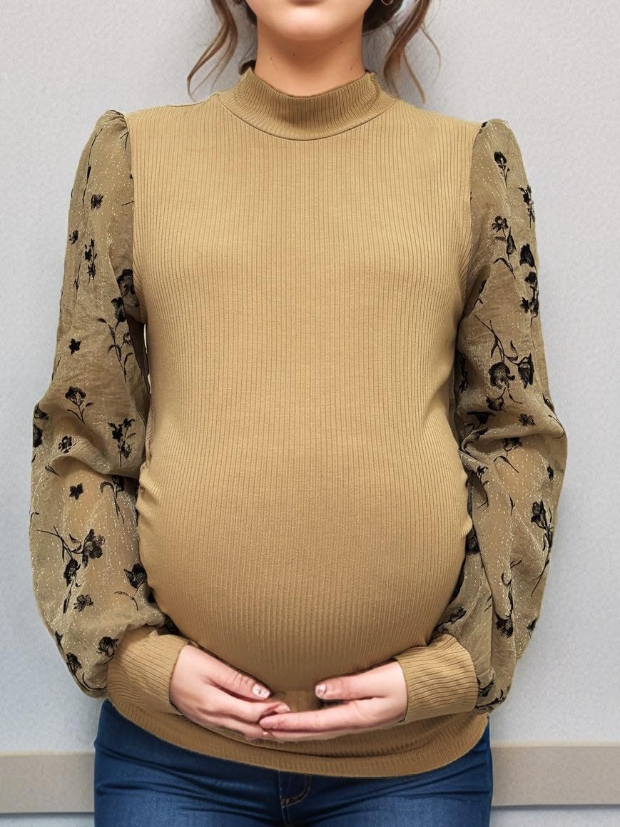 Womens Maternity Shirt Floral Sleeve Mock Neck Pregnancy Clothes 2025 Fall Tops Ribbed Knit Blouses - Image 3