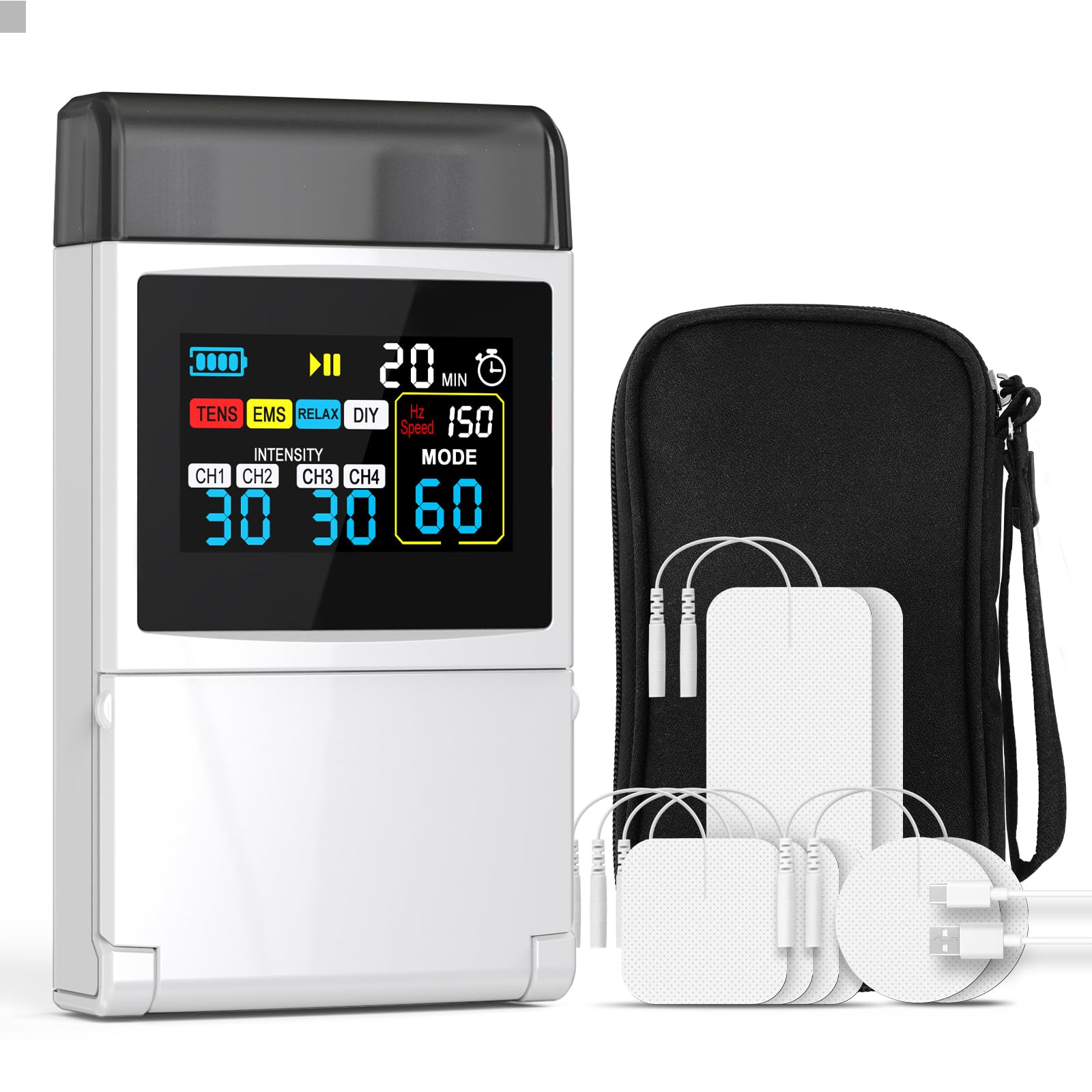 tens unit ems muscle stimulator for pain relief, 4-in-1 tens & ems & relax & diy, 4-channel 60 modes 30 intensity with upgraded color screen for back, neck, shoulder, sciatica